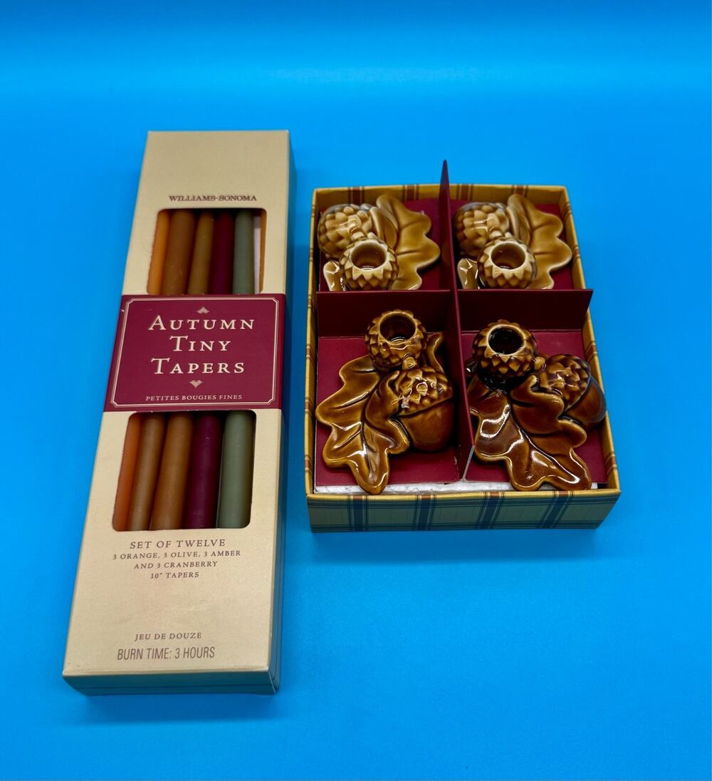 Williams Sonoma Oak Acorn Tiny Taper Holders Set 4 + 12 Autumn Candles 2009